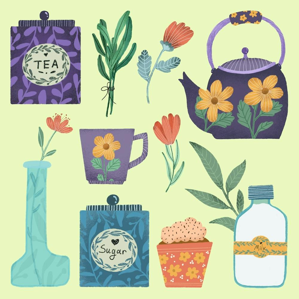 English tea cozy morning teatime illustration