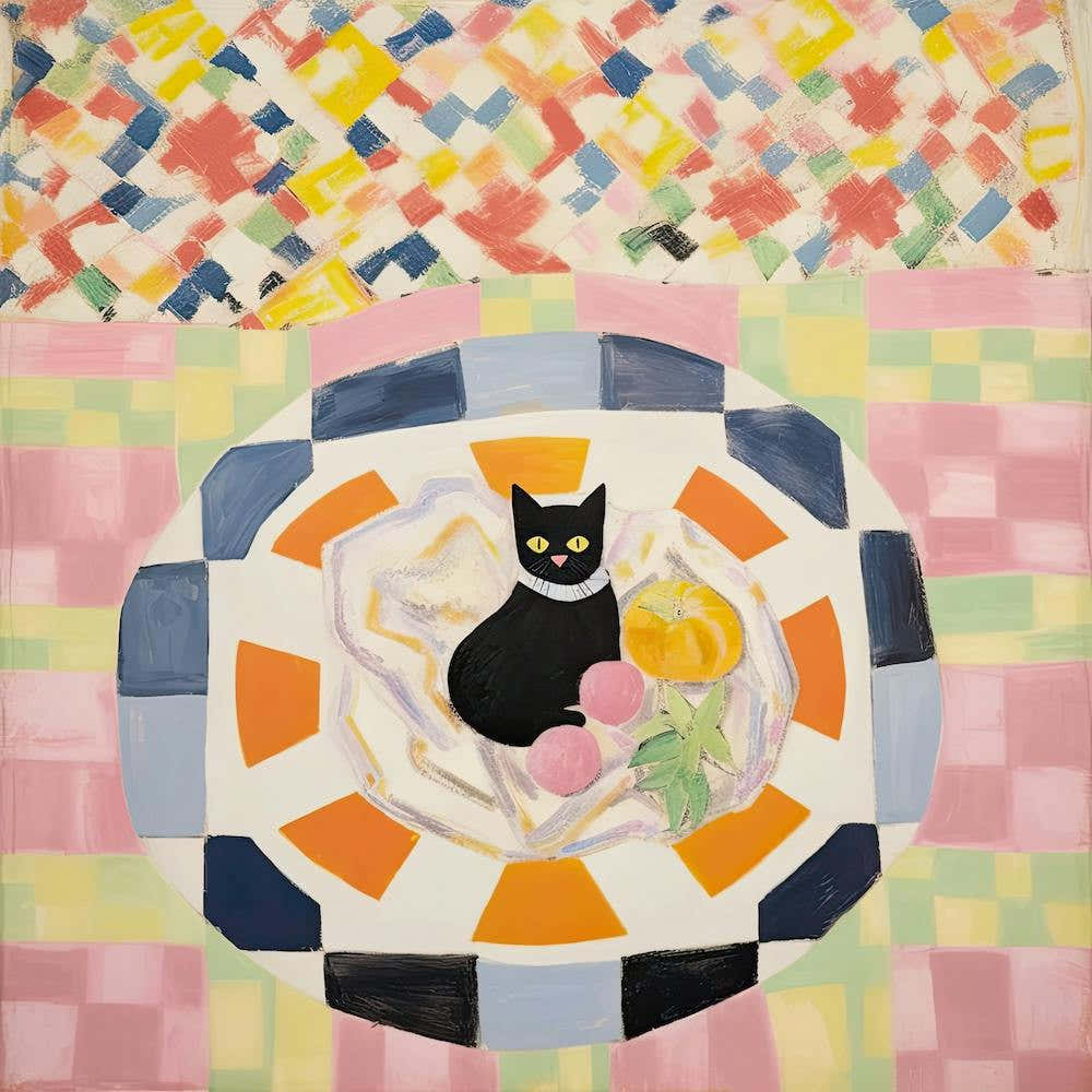 Pastel Black Cat In A Picnic Blanket