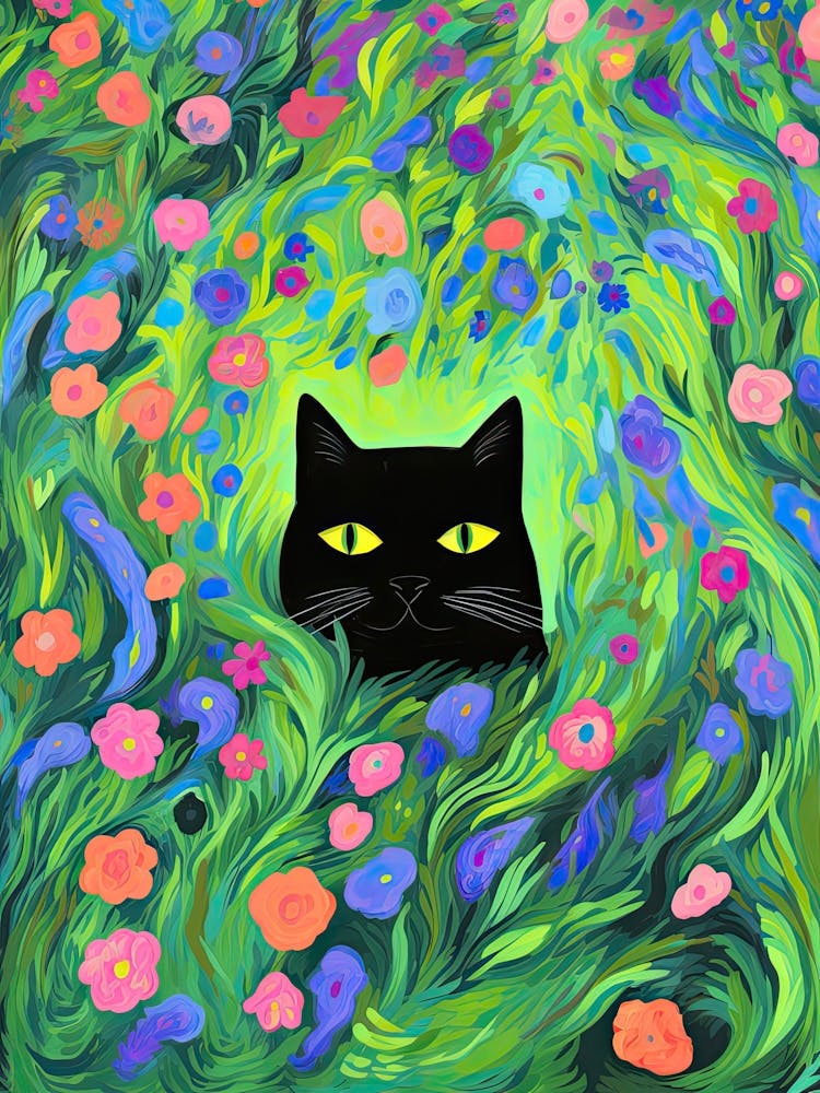 Black Cat In A Flower Field Irises Colourful Painting