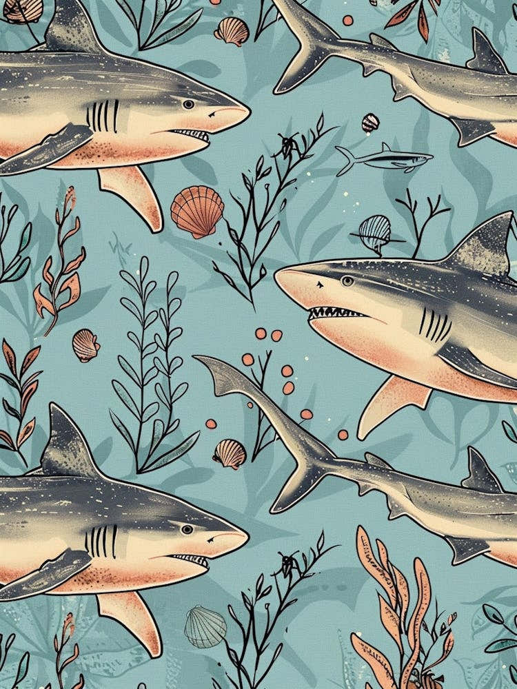 Pastel Blue White Tip Reef Shark Watercolour Seascape Pattern 3