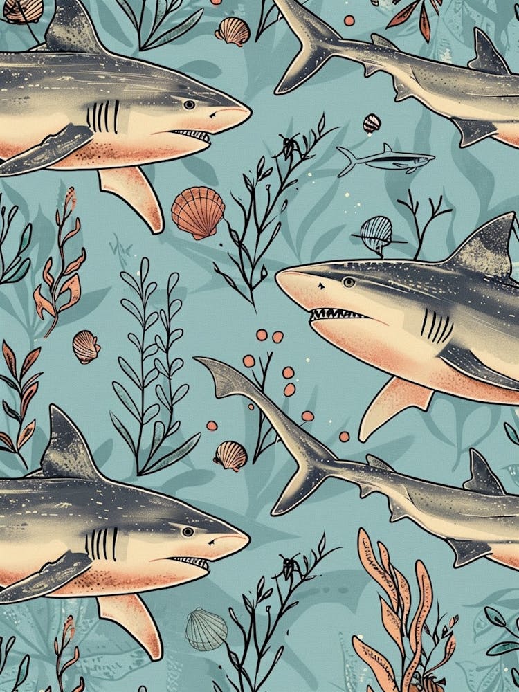 Pastel Blue White Tip Reef Shark Watercolour Seascape Pattern 3