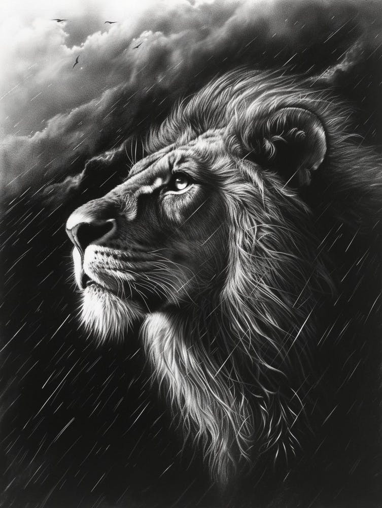 African Lion Charcoal Drawing Facing A Storm 1