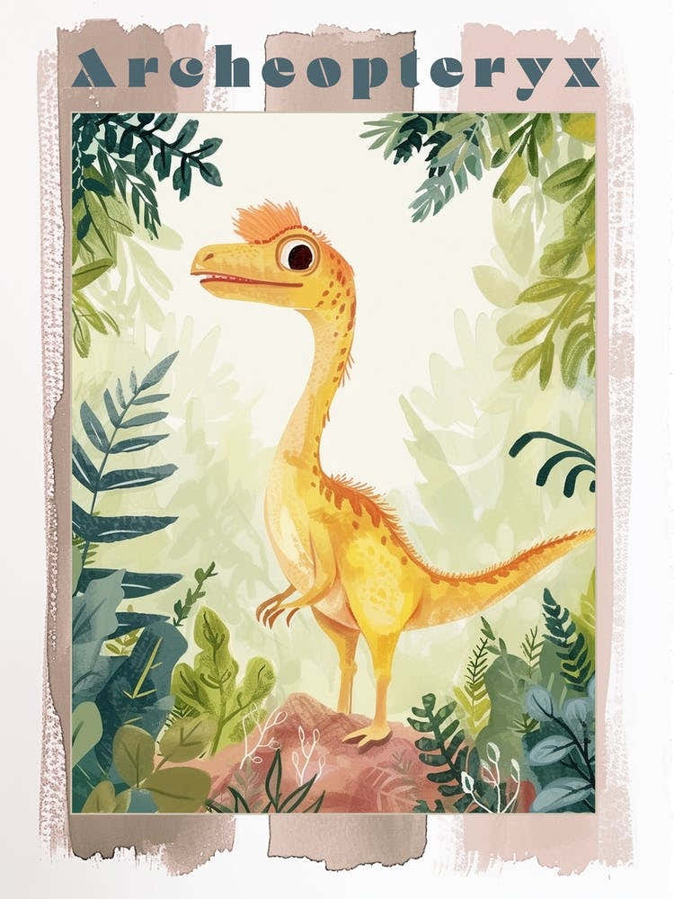 Archaeopteryx Dinosaur Watercolour Plant Illustration Poster