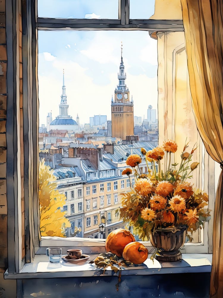 Window View Of Warsaw Poland In Autumn Fall, Watercolour 3