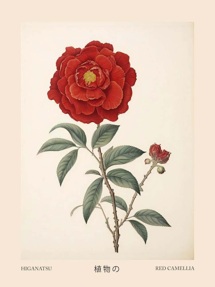 Higanatsu Red Camellia 2 Vintage Japanese Botanical Poster