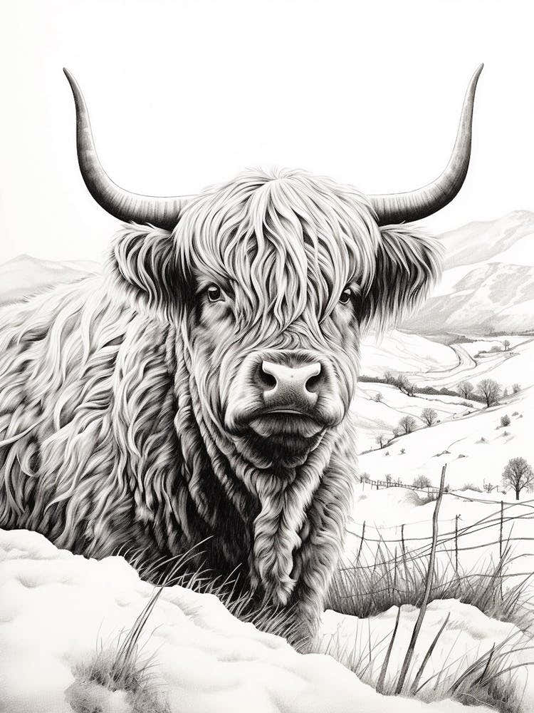 Snowing Highland Cow In Rolling Fields