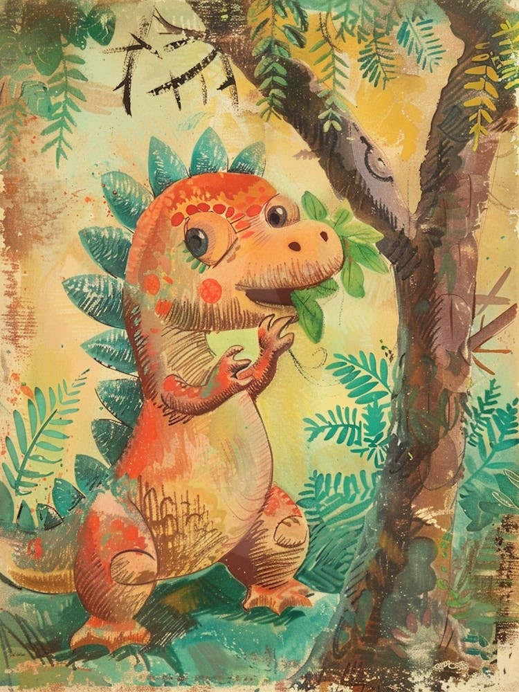 Cute Stegosaurus Eating Leaves Pencil Crayon Illustration