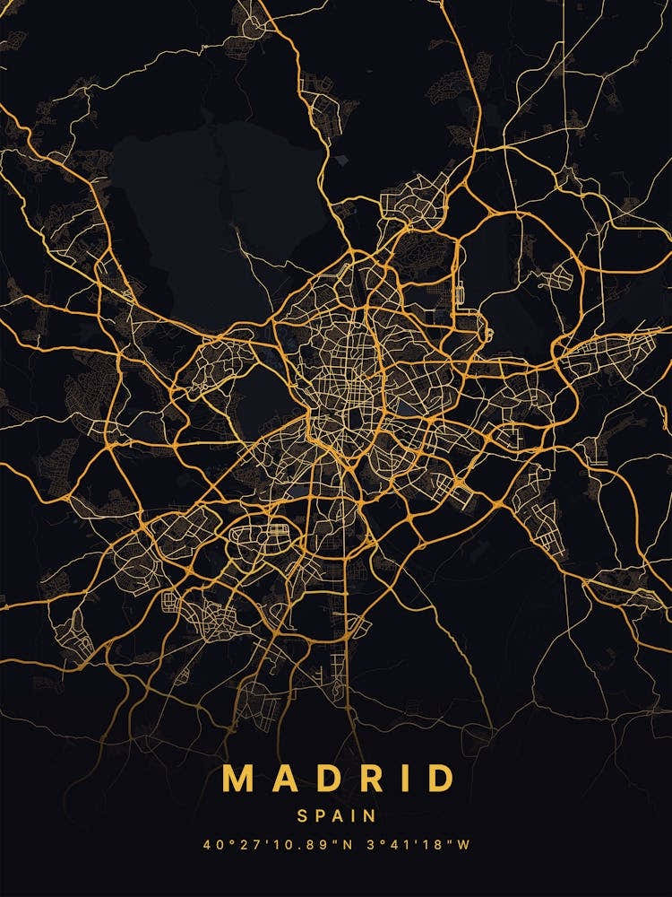 Madrid Spain Black And Gold Map