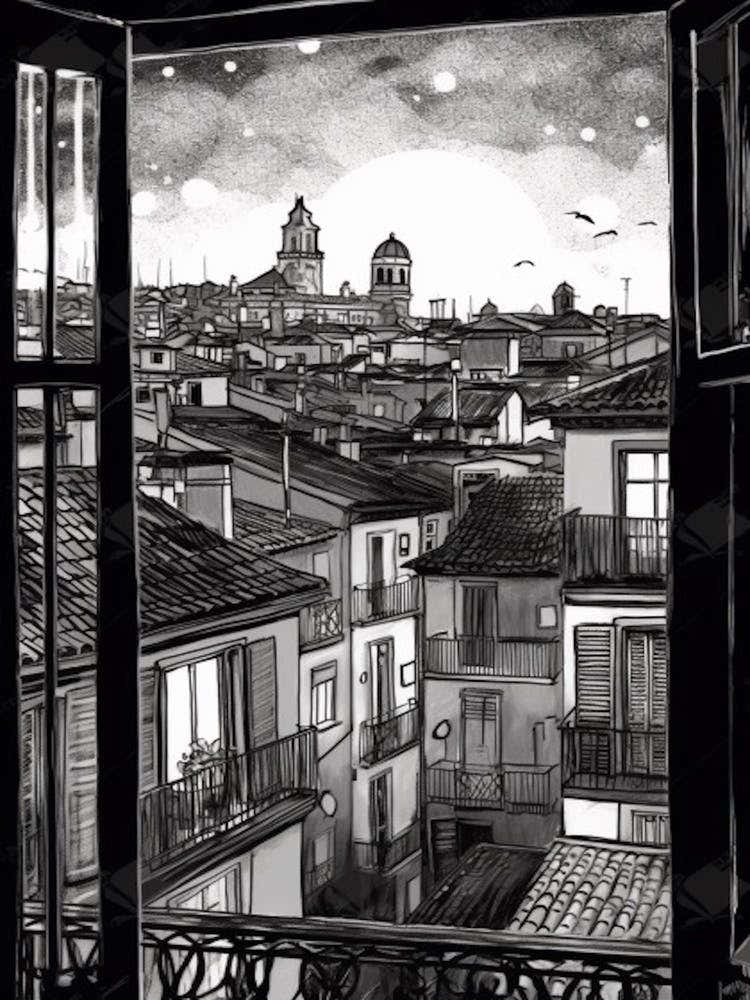 A Window View Of Barcelona In The Style Of Black And White  Line Art 3