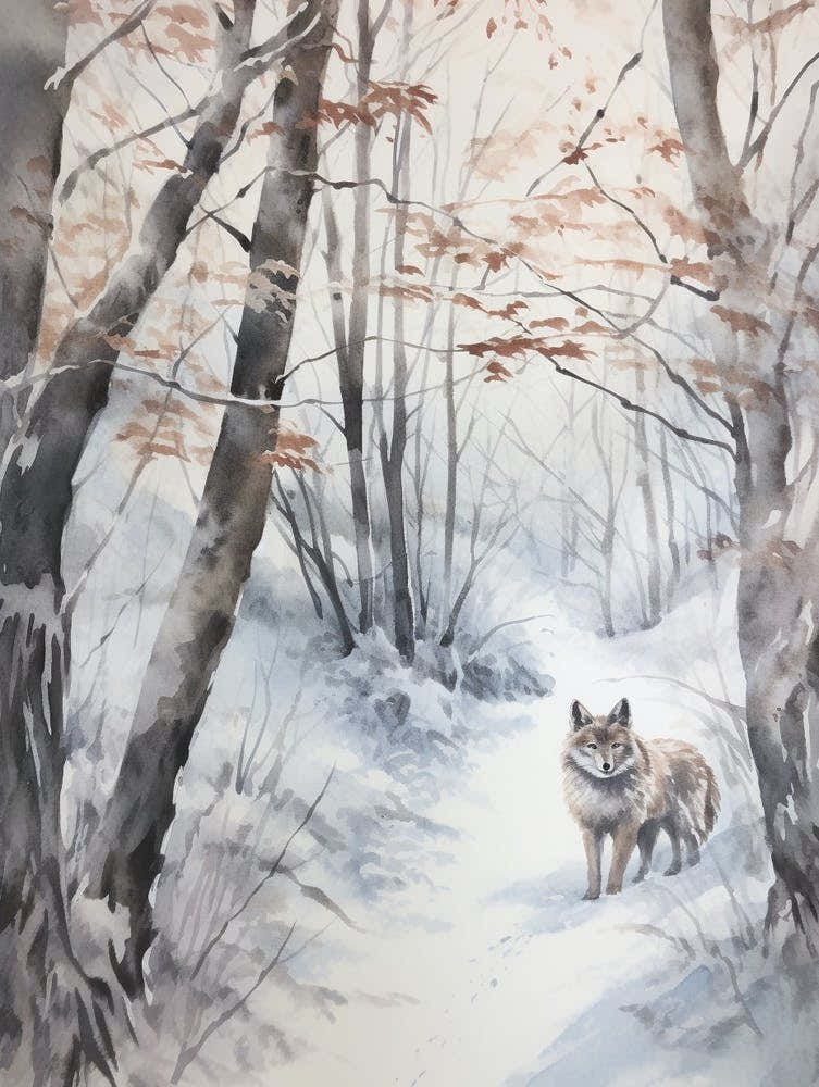 Winter Watercolour Gray Wolf 3