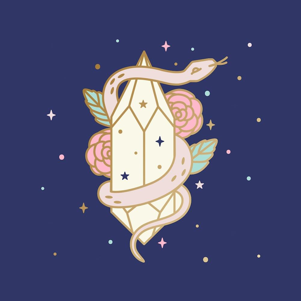 Snake And Crystal On Dark Blue