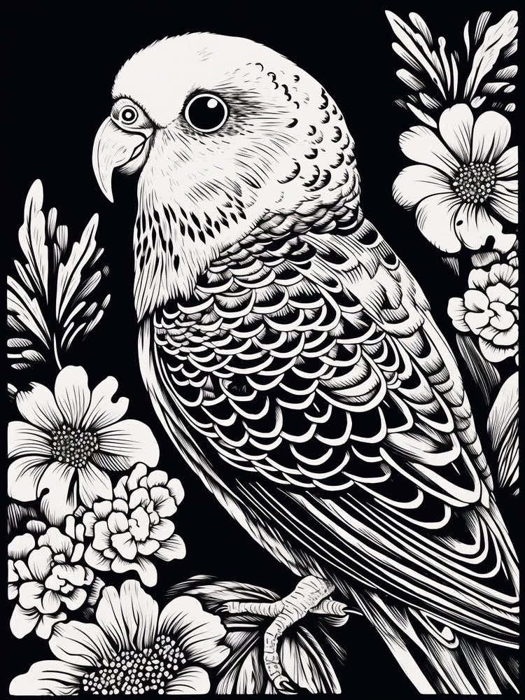 B&W Bird Linocut Budgerigar 2