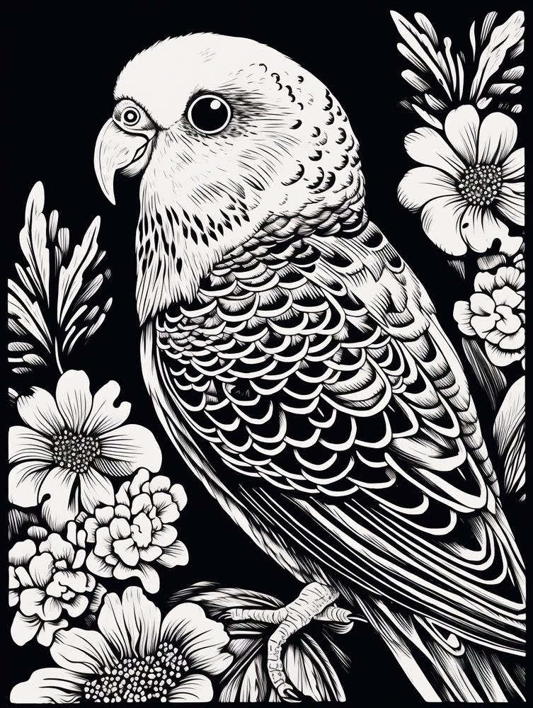 B&W Bird Linocut Budgerigar 2