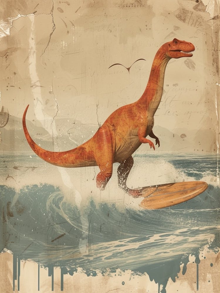 Vintage Diplodocus Dinosaur On A Surf Board 2