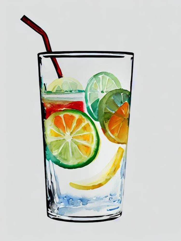 Long Island Iced Tea Minimal Line Drawing With Watercolour Cocktail Poster