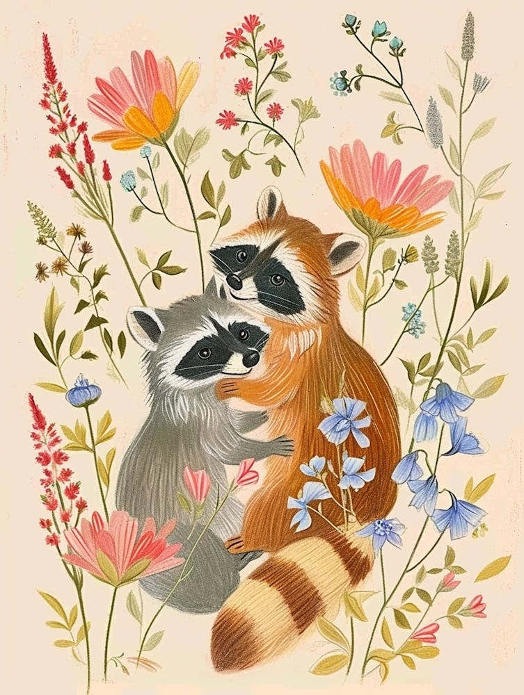 Folksy Floral Animal Drawing Racoon