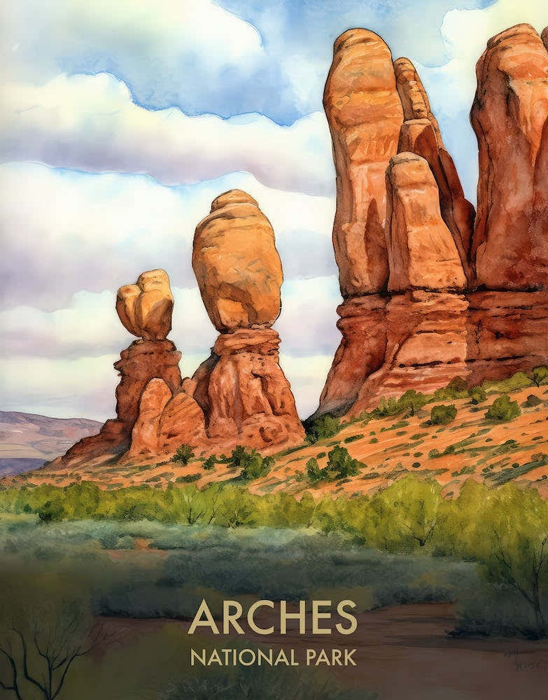 Arches National Park Watercolour Vintage Travel Poster 1