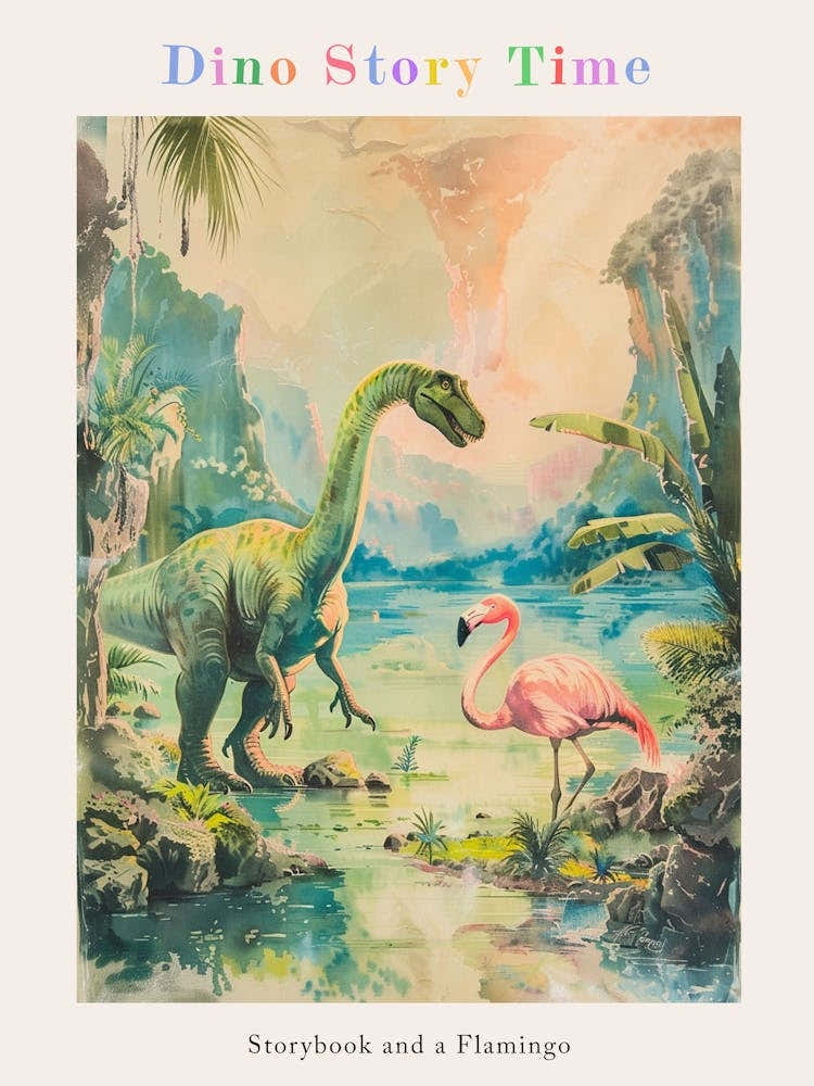 Storybook Painting Of A Dinosaur With A Flamingo Poster