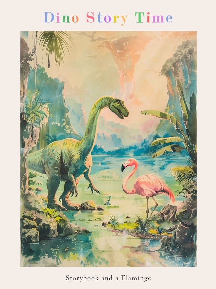 Storybook Painting Of A Dinosaur With A Flamingo Poster