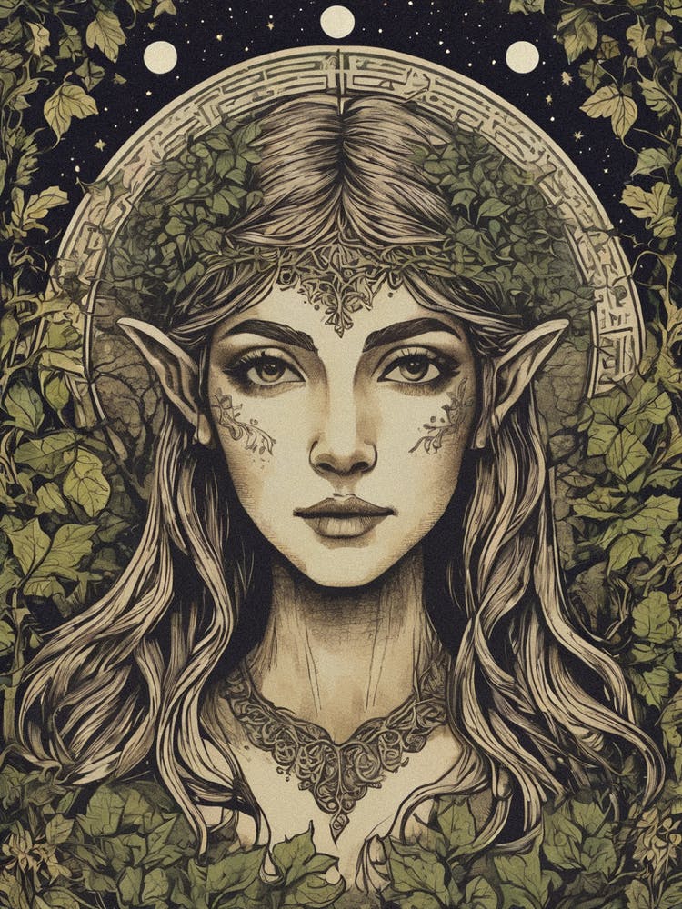 Amaryll - Forest Elven Queen - Wood Elf, The Fae Folk Art Witchy Pagan Goddess Fairytale Artwork Perfect For Burning Man, Coachella, Spiritual Festival Tattoo Woman Celtic Full Moon Ivy Wood Nymph HD