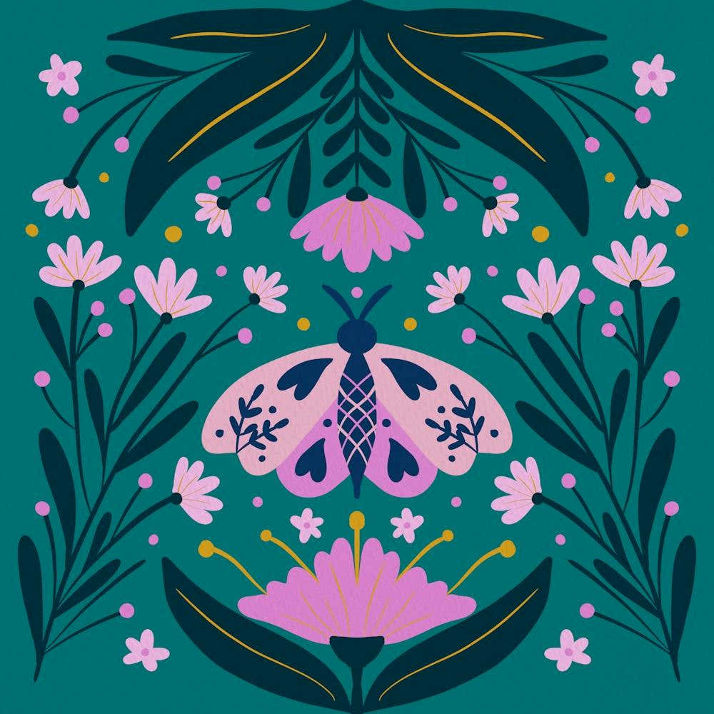 Folk Art Moth Pink and Teal