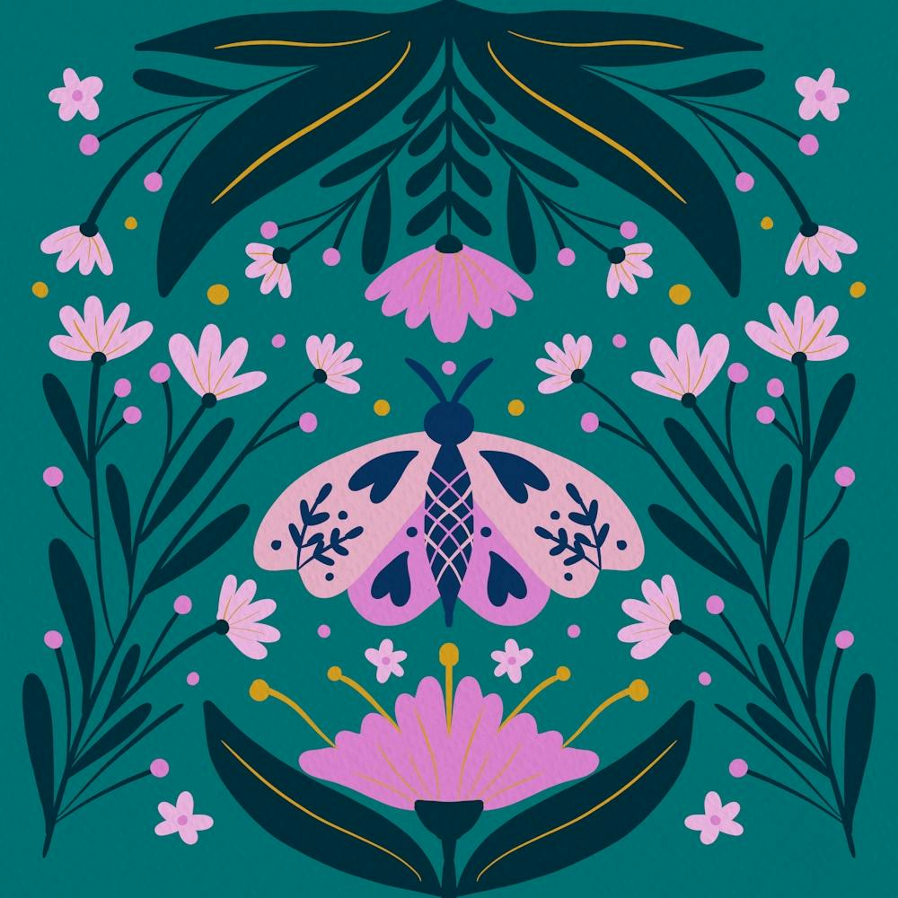 Folk Art Moth Pink and Teal