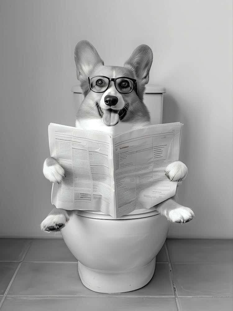 Corgi Reading Newspaper In Toilet Print, Black And White Art, Corgi Gift, Funny Dog Poster, Dog Sitting On Toilet, Bathroom Wall Art