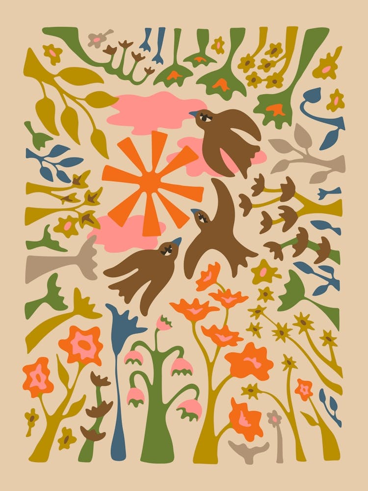 Garden Birds Charming Retro Floral Warm Earthy Pastels