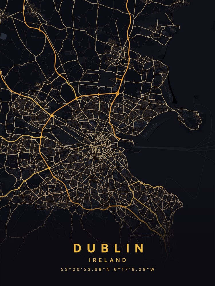 Dublin Ireland Black And Gold Map