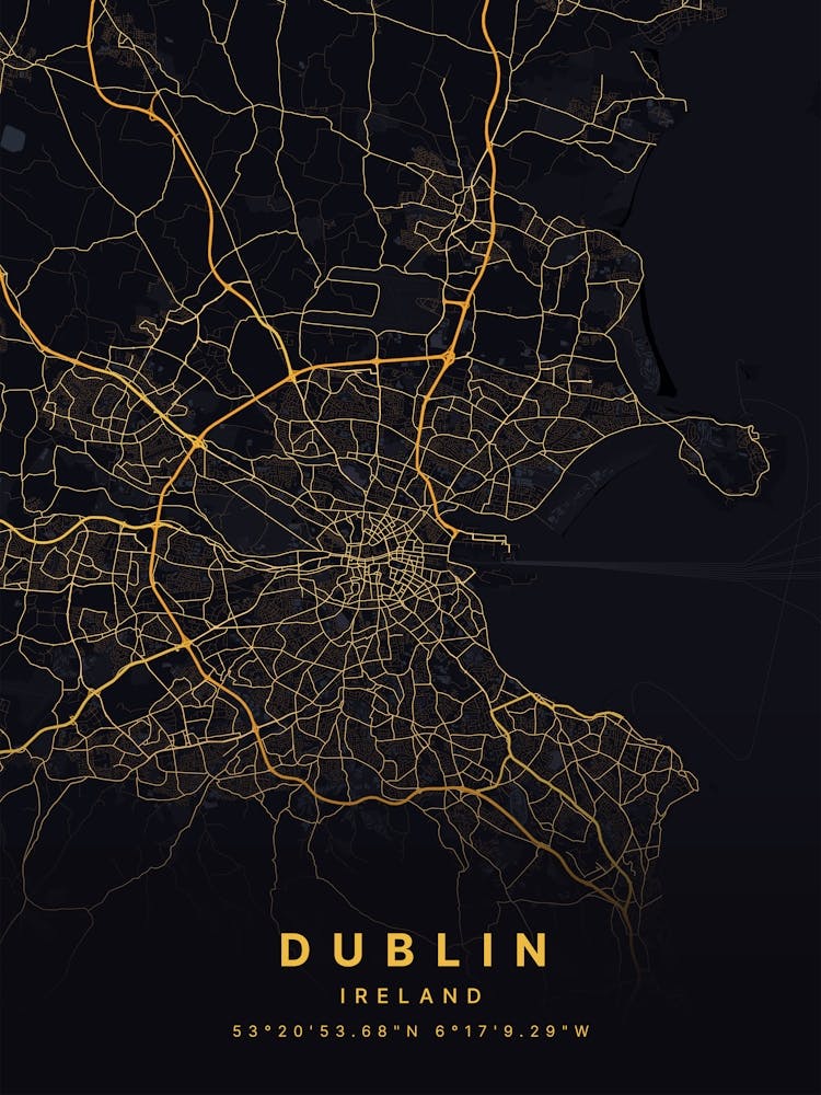 Dublin Ireland Black And Gold Map