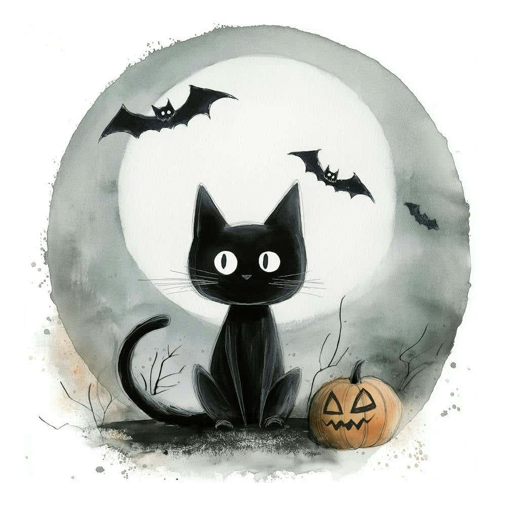 Cute Halloween Black Cat, Bats & Pumpkin