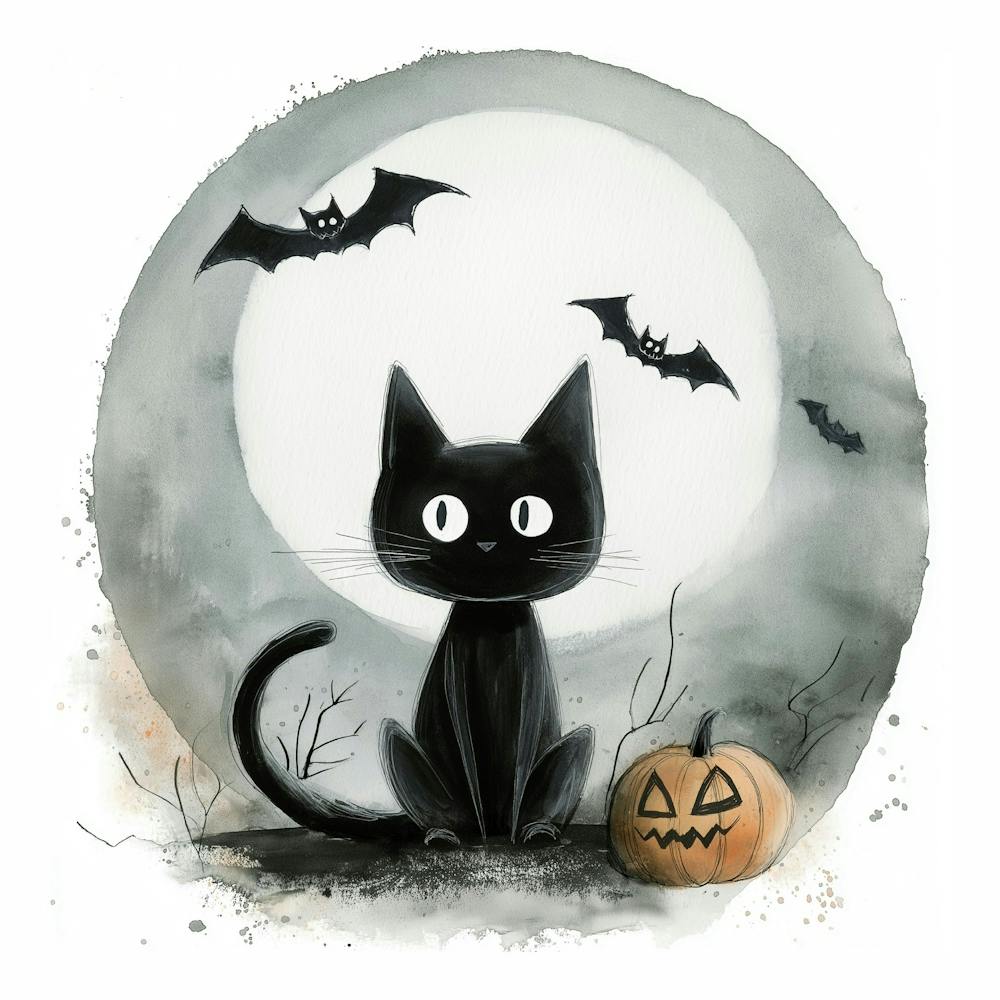 Cute Halloween Black Cat, Bats & Pumpkin