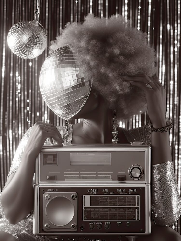 Black And White Woman With A Disco Ball And Boombox 0