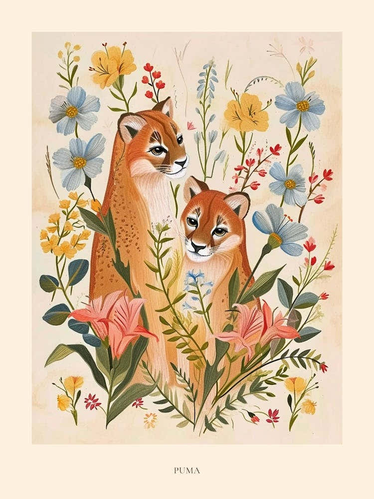 Folksy Floral Animal Drawing Puma 5 Poster