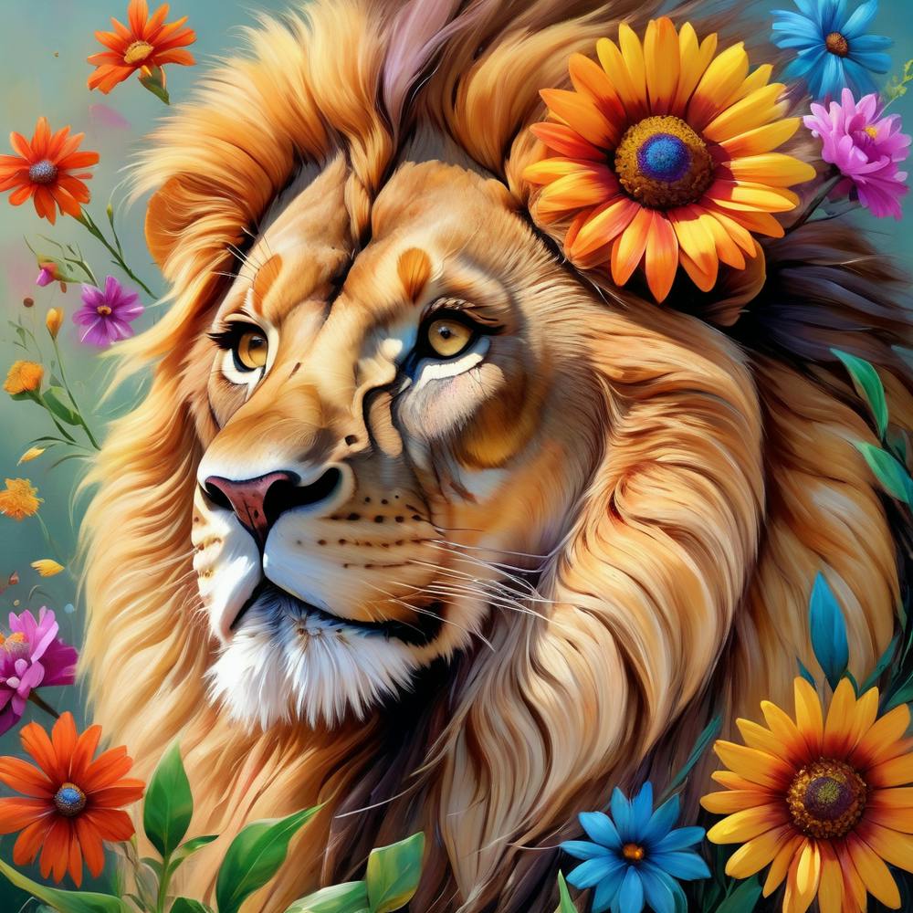 Floral Majesty: A Lion's Reverie Amidst Blossoms