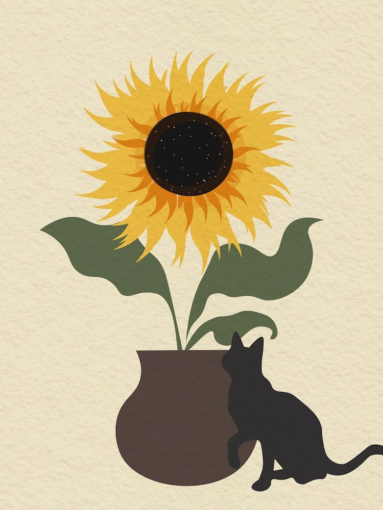 Vintage Minimal Art Cat And Sunflower