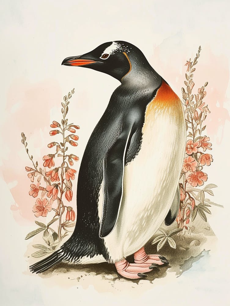Adlie Penguin Signy Island Vintage Botanical Painting 1