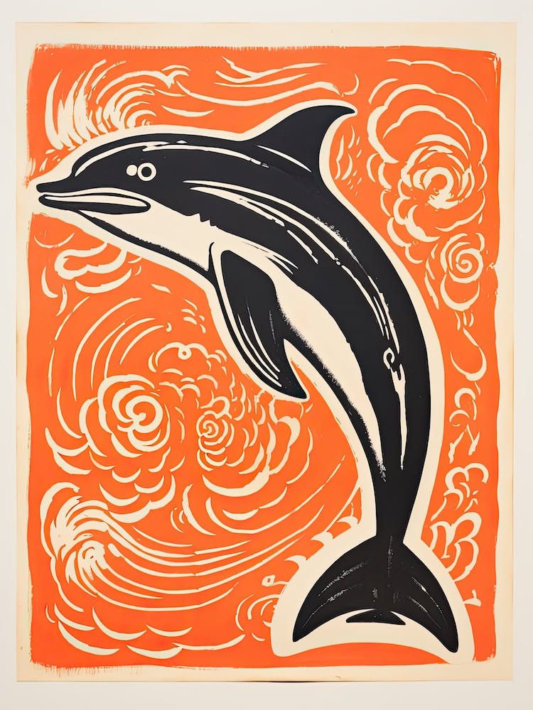 Dolphin, Woodblock Animal  Drawing 4