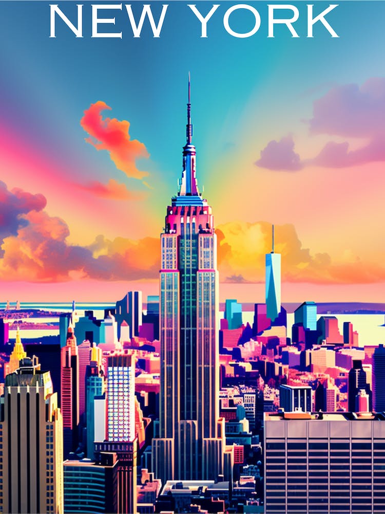 Colourful America travel poster New York Empire State