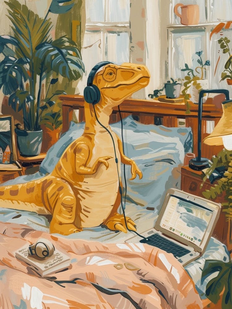 Dinosaur Listening To Music With Headphones In Bed 1
