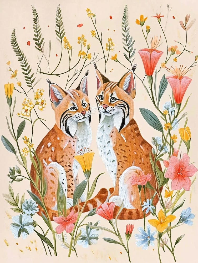 Folksy Floral Animal Drawing Bobcat 3