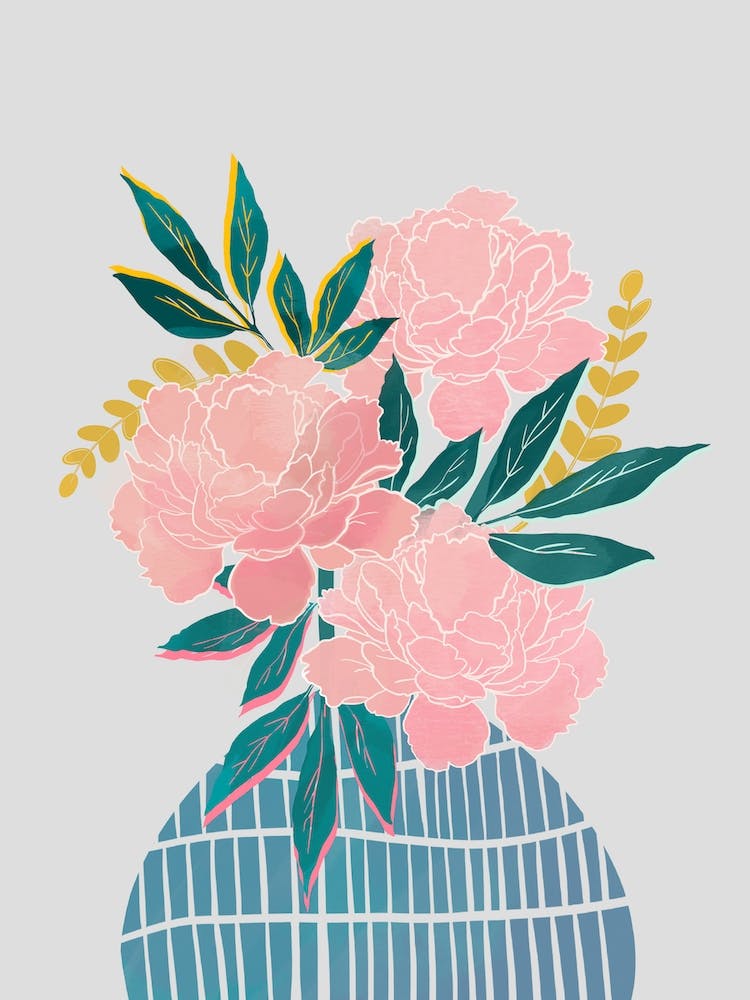 Peony Flowers In Blue Vase