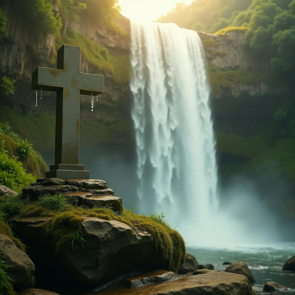 Cross In Front Of Waterfall