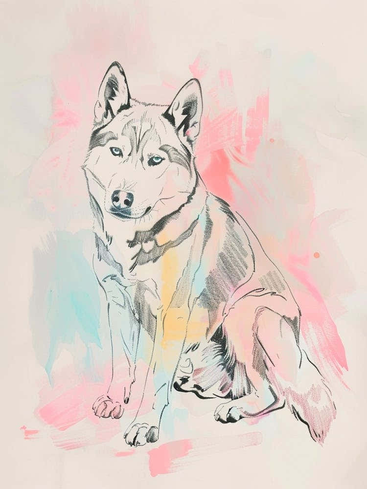 Husky Dog Pastel Line Watercolour Illustration  2