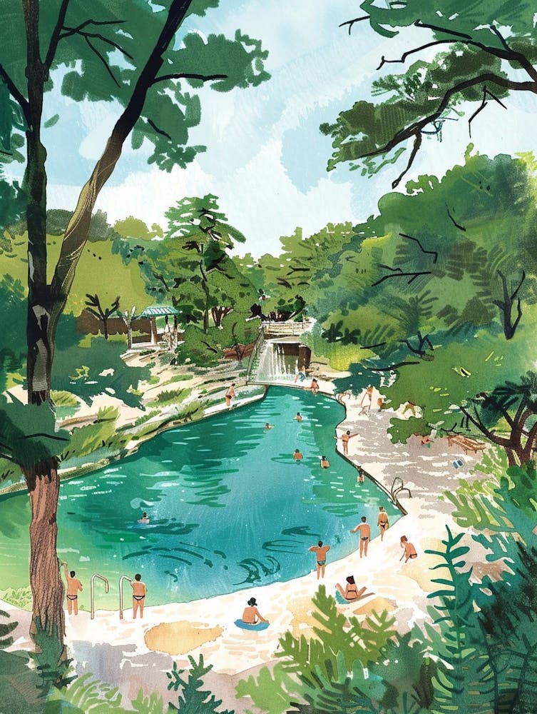 Storybook Illustration Barton Springs Pool Austin Texas 1