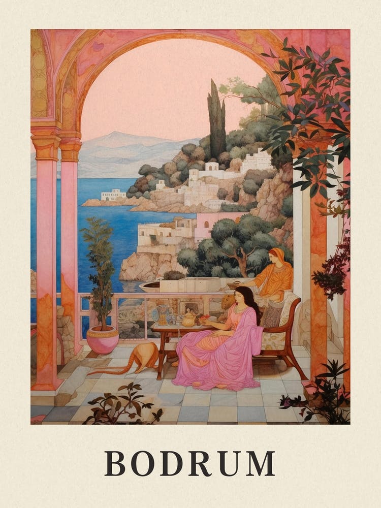 Bodrum Turkey 1 Vintage Pink Travel Illustration Poster