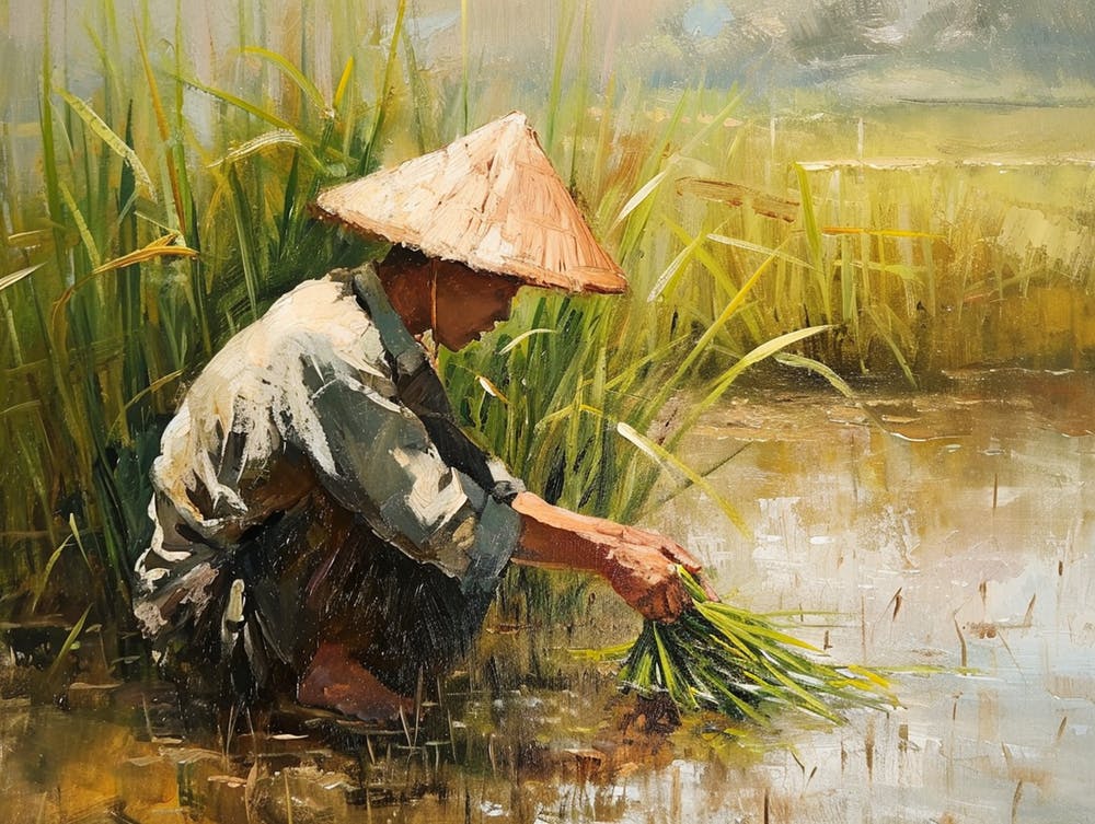 Chinese Peasant In Traditional Hat - expressionism