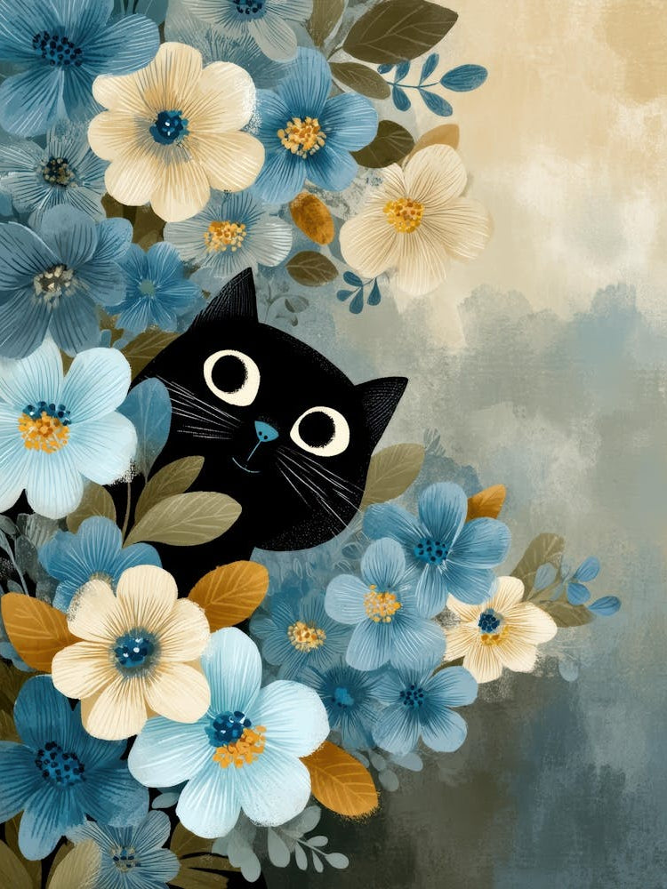 Black Cat In Blue Flowers 12