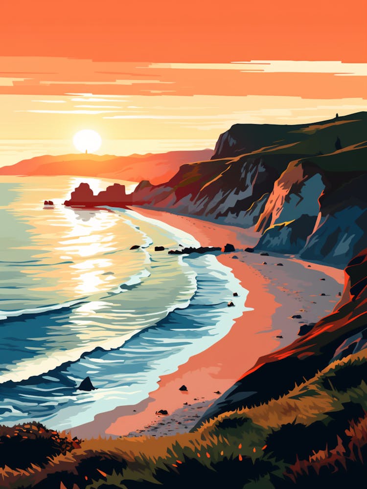 Lulworth Cove Beach Dorset At Sunset, Vibrant Painting 3