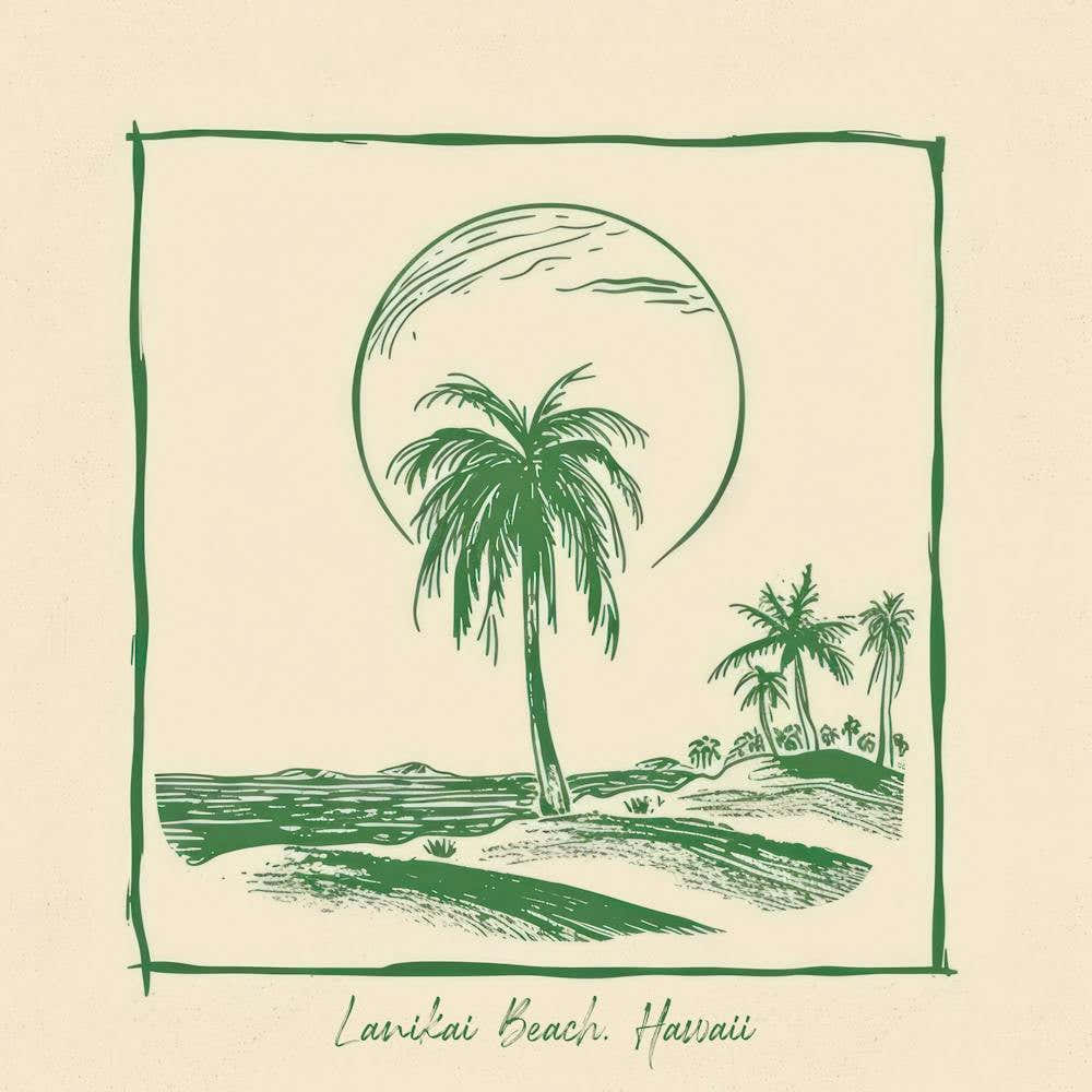 Lanikai Beach, Hawaii Green Line Art Illustration